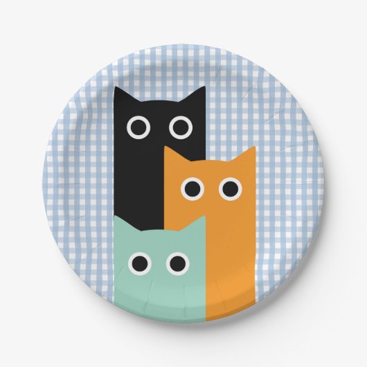 Assiettes En Carton Chat Drôle, Gingham Bleu (Devant)
