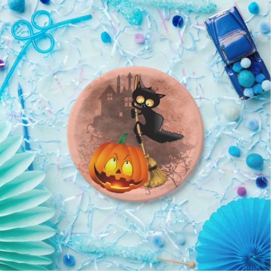 Assiettes En Carton Chat effrayé par Citrouille Fun Halloween caractèr (Fête)