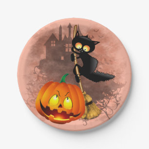 Assiettes En Carton Chat effrayé par Citrouille Fun Halloween caractèr