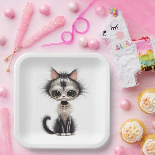 Assiettes En Carton Chat En Dessin Avec Collier En Perle (Fête)