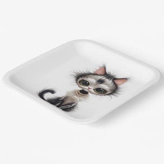 Assiettes En Carton Chat En Dessin Avec Collier En Perle (Angulaire)