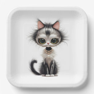Assiettes En Carton Chat En Dessin Avec Collier En Perle
