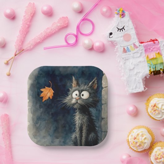 Assiettes En Carton Chat en ruelle noire avec feuille d'automne (Fête)