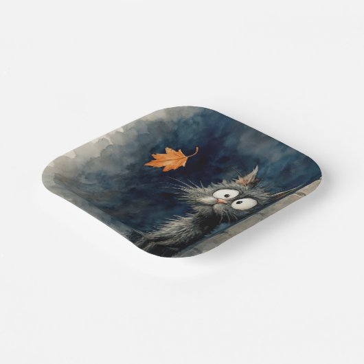 Assiettes En Carton Chat en ruelle noire avec feuille d'automne (Angulaire)