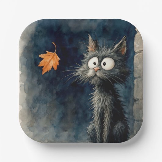 Assiettes En Carton Chat en ruelle noire avec feuille d'automne (Recto)