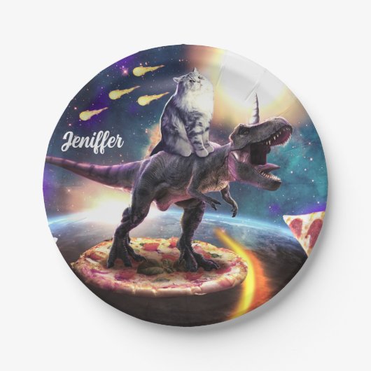 Assiettes En Carton Chat équitation dinosaure licorne dans l'espace (Devant)