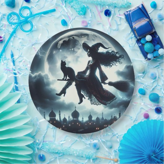 Assiettes En Carton Chat et sorcière volant sur un Broomstick (Fête)