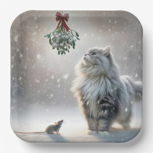 Assiettes En Carton Chat et souris sous Mistletoe (Recto)
