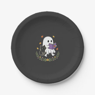 Assiettes En Carton Chat fantôme d'Halloween lisant un livre motif flo