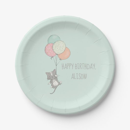 Assiettes En Carton Chat gris sucré avec ballons fête d'anniversaire (Devant)