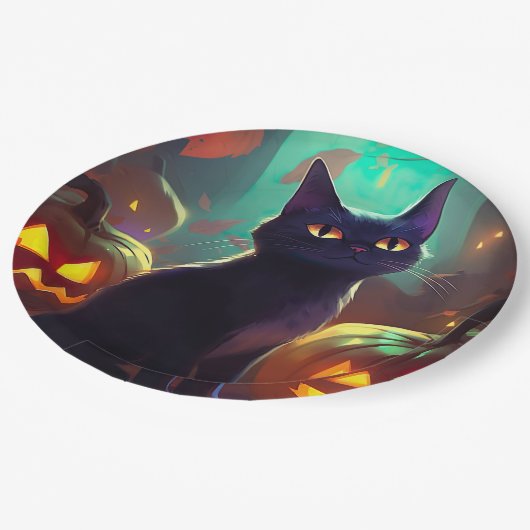 Assiettes En Carton Chat Halloween Tuxedo Avec Peur Citrouille (Angle)