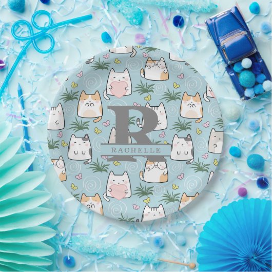 Assiettes En Carton Chat Kawaii dans un Arrière - plan bleu ciel (Fête)