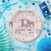 Assiettes En Carton Chat Kawaii en Arrière - plan rose (Fête)