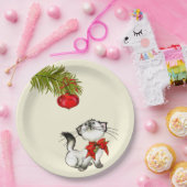 Assiettes En Carton Chat Kitty En Jeu Dans Une Bow De Noël Rouge (Fête)