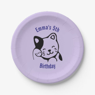 Assiettes En Carton Chat Kitty noir et blanc agitant Bonjour Anniversa