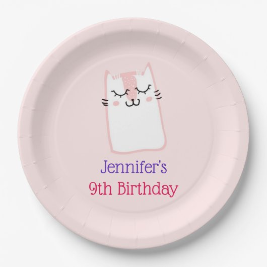 Assiettes En Carton Chat Kitty Sleeping Rose Anniversaire (Devant)