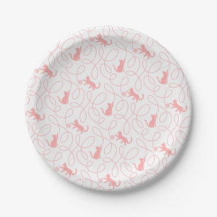 Assiettes En Carton Chat ludique et motif de pelote de laine Rose cora