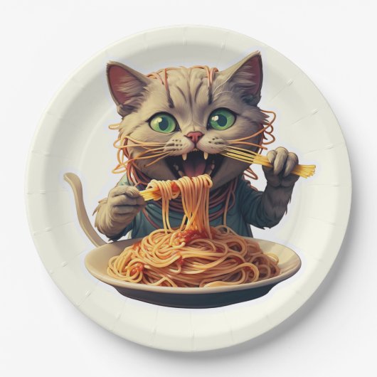 Assiettes En Carton Chat mangeant des spaghetti (Devant)