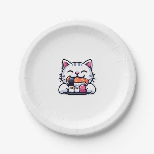 Assiettes En Carton Chat mangeant des sushis (Devant)