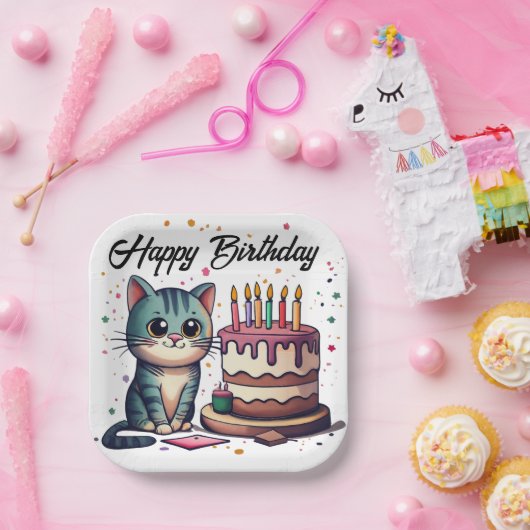 Assiettes En Carton Chat mignon Joyeux anniversaire (Fête)