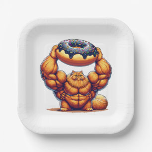Assiettes En Carton Chat Musclé Soulevant un Beignet