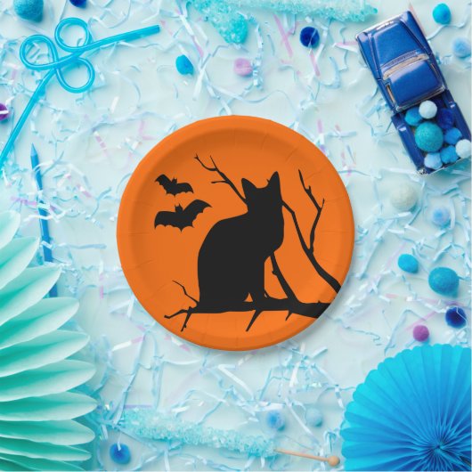 Assiettes En Carton Chat noir avec chauves-souris Plaques d'Halloween (Fête)