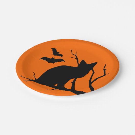 Assiettes En Carton Chat noir avec chauves-souris Plaques d'Halloween (Angle)