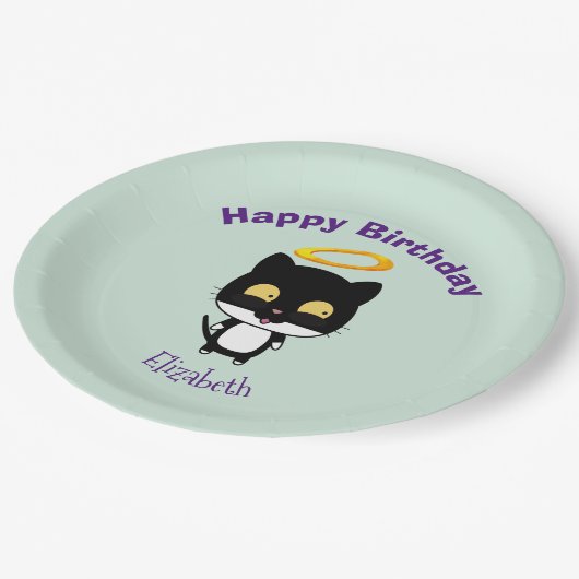 Assiettes En Carton Chat Noir Avec Halo Or Cute Angel Anniversaire (Angle)