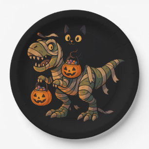 Assiettes En Carton Chat noir chevauchant un T-Rex momie – Dino Hallow