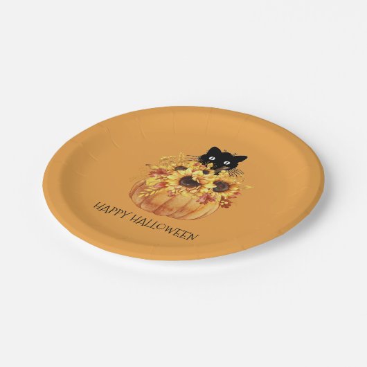 Assiettes En Carton Chat noir citrouille Halloween Plaque en papier or (Angle)