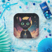 Assiettes En Carton Chat noir cosmique futuriste atomique en clair de  (Fête)