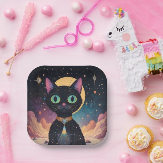 Assiettes En Carton Chat noir cosmique futuriste atomique en clair de  (Fête)