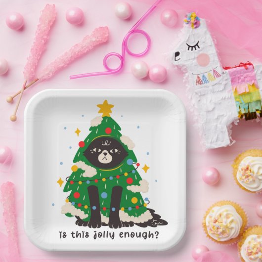 Assiettes En Carton Chat noir croustillant habillé en arbre (Fête)