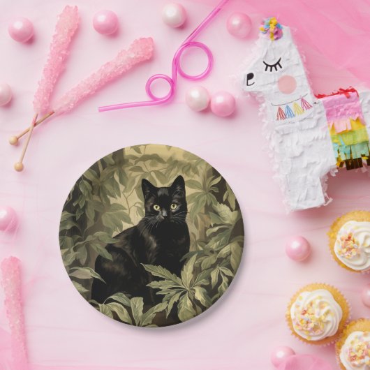 Assiettes En Carton Chat noir dans la forêt luxuriante (Fête)