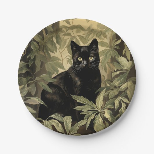 Assiettes En Carton Chat noir dans la forêt luxuriante (Devant)