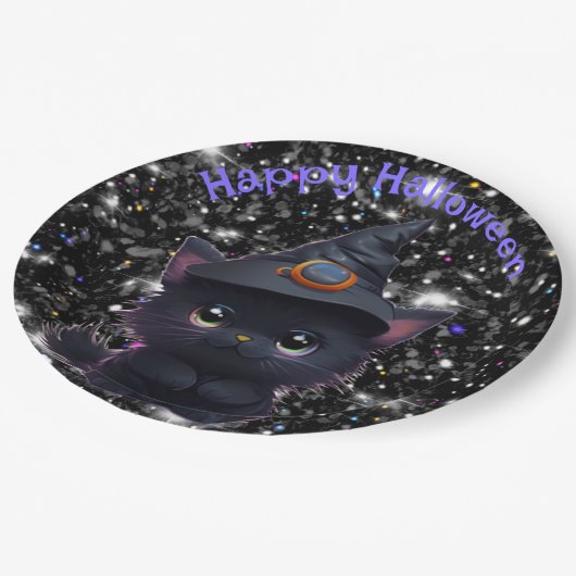 Assiettes En Carton Chat noir d'Halloween blanc mignon (Angle)