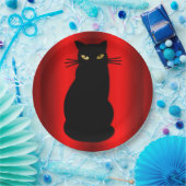 Assiettes En Carton Chat noir d'Halloween déplaisant en rouge (Fête)