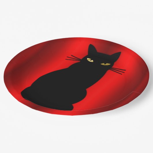 Assiettes En Carton Chat noir d'Halloween déplaisant en rouge (Angle)