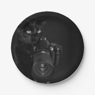 Assiettes En Carton Chat noir drôle avec l'appareil photo