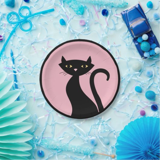 Assiettes En Carton Chat noir en rose (Fête)