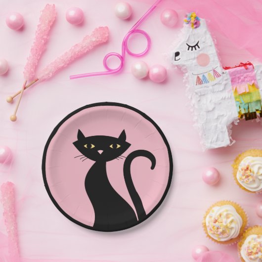Assiettes En Carton Chat noir en rose (Fête)