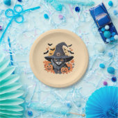 Assiettes En Carton Chat noir en sorcière Casquette Halloween (Fête)