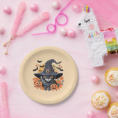 Assiettes En Carton Chat noir en sorcière Casquette Halloween (Fête)