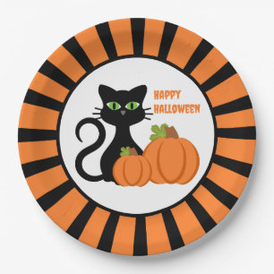 Assiettes En Carton Chat noir et Citrouille heureux Halloween Plaque p