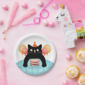 Assiettes En Carton Chat noir et gâteau (Fête)