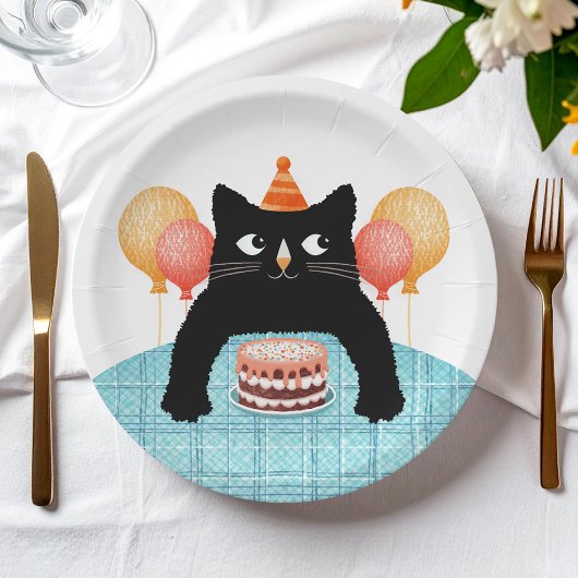 Assiettes En Carton Chat noir et gâteau