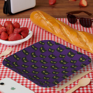 Assiettes En Carton Chat noir et violet yeux jaunes motif Halloween