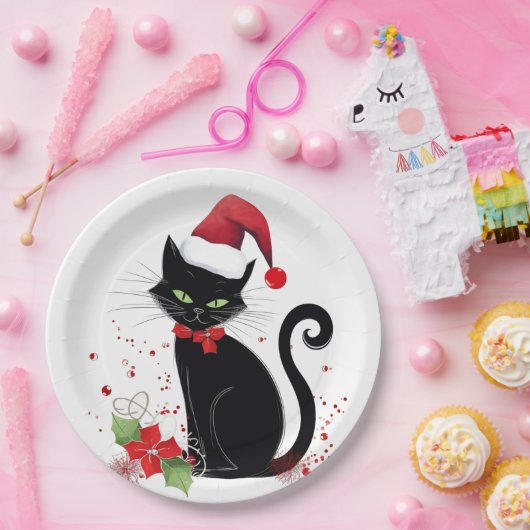 Assiettes En Carton Chat noir festif (Fête)