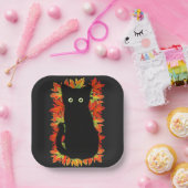 Assiettes En Carton Chat noir, Feuilles d'automne motif, Halloween amu (Fête)
