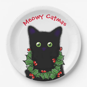 Assiettes En Carton Chat Noir Meowy Catmas Holly baies Noël